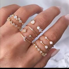 New! Moon Star Crystal Midi Knuckles Ring Set Some Of The Rings Are Resizable! Materials: Alloy/Crystal Very Cute And Fashionable! Includes 9 Rings Moon And Star Ring, Gold Color Ring, Pola Gelang, Knuckle Ring, Bohemian Rings, Crystal Stars, Finger Rings, Rings Set, Cute Rings