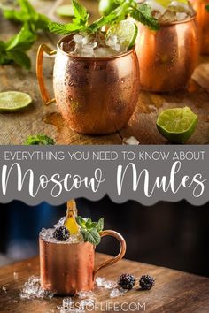 two moscow mules with mint and lime garnish in copper mugs on wooden table