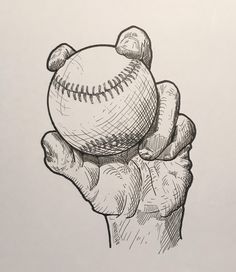 a drawing of a baseball being held in the palm of a person's hand