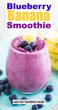 blueberry banana smoothie in a glass with bananas on the side