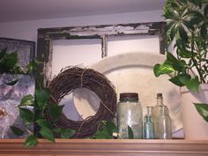 a shelf with some plants and bottles on top of it next to an old window