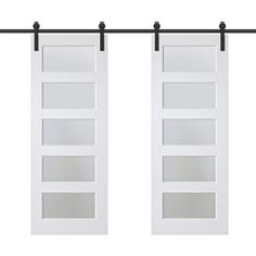 two white sliding doors with glass shelves on each side and black metal bars above them