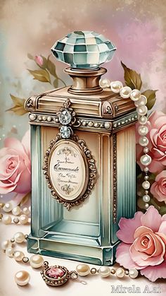 a painting of a perfume bottle surrounded by pearls and roses