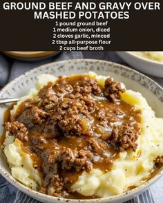 ground beef and gravy over mashed potatoes in a bowl with text above it