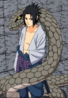 an anime character is standing in front of a snake