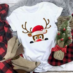 Cheap Cartoon Print T-shirt For Winter, Cheap Christmas T-shirt With Cartoon Print, Kawaii Reindeer, Mom And Me, Double 11, Fashion Christmas, Shirts Women Fashion, Casual Summer Shorts, Printed T Shirts