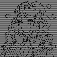 a black and white drawing of a girl holding her hands up to the side, with hearts