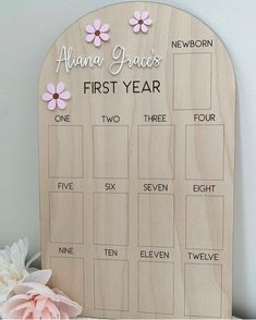 a wooden plaque with flowers on it that says,'first year one two three six eight seven nine eleven twelve