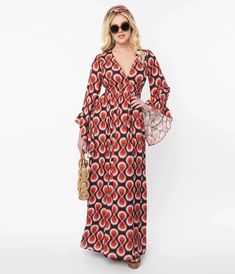 1970s Outfit Inspiration | 70s Costume Ideas Unique Vintage Red Retro Infinity Print Maxi Dress $36.97 AT vintagedancer.com - at vintagedancer.com 70s Clothes, Uv Clothing