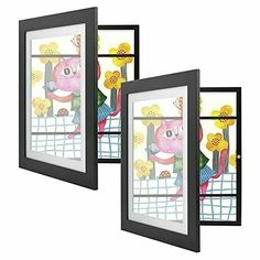 three framed art pieces depicting cats in the window and flowers on the outside, with one cat looking out the window