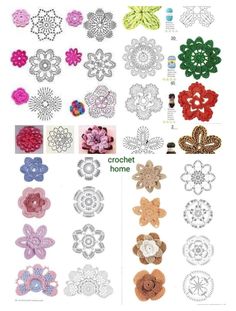 crochet flowers are shown in different colors and sizes, with the words crochet home written on them