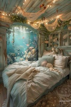 an underwater bedroom is decorated with fish and corals, while the lights are strung from the ceiling