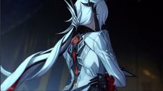 an anime character with long white hair and red eyes, standing in front of a dark background