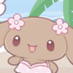 a cartoon bunny with flowers in her hair sitting on the beach next to palm trees