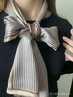 Simple and versatile striped pattern long narrow natural mulberry silk scarf with size of 155 cm x 16 cm / 61 in x 6.3 in. Double-layer silk charmeuse fabric, double-sided print, light weight, soft, smooth and lustrous, beige and brown colors, breathable and skin-friendly feels very comfortable to wear. Can style as different ways: wear this scarf as a soft neck scarf, as a long headband scarf, as a hair tie scarf, as a bag accessory scarf, as a wrist scarf...or style it any way you want with your own sense of creativity! It can spice up your outfit beautifully. Suitable for all seasons and is a great gift idea for special occasions. Care Instructions: Pure silk is a type of organic and natural fabric, please avoid washing. Dry clean recommended. Stored in a cool, dry, and dark place. To s Silk Scarf Outfit, Narrow Scarf, Hair Tie Scarf, Silk Neck Scarf, Long Silk Scarf, Scarf Hair, Ways To Wear A Scarf, Dress Design Sketches, Tie Scarf