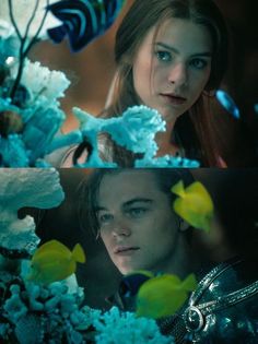 two pictures of the same person with flowers in front of them, one has blue eyes and