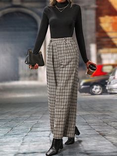 Women's Retro Elegant Plaid Casual Commute Long Autumn Pants Coffee Brown Casual   Fabric Plaid Straight Leg Non-Stretch  Women Clothing, size features are:Bust: ,Length: ,Sleeve Length: Elegant Retro Outfits, Autumn Pants, Sewing Pants, Trouser Outfit, Fall Pants, Winter Inspiration, Closet Accessories, Elegant Dresses Long, Coffee Brown