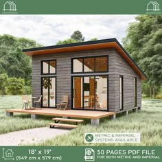 the tiny house is built on stilts and has glass doors, windows, and wood flooring