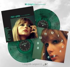 two green vinyl records with images of women on them and the words midnight nights written in white