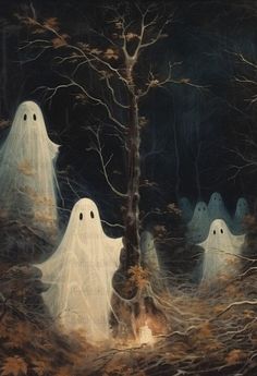 three ghostly ghost figures standing in the woods by a tree with no leaves on it