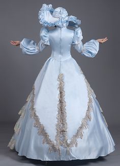 Blue And Champagne Baroque Rococo Civil War Era Dress Revolutionary Ball Gown     Condition: Brand New   Color:  As Picture   Material: Satins And Lace   Silhouette: Ball Gown   Sleeve Length: Long Sleeve   Dresses Length:Floor-Length   Neckline: O-Neck   Decoration: Lace   Style: Vintage     Includes: Dress + Hat     More Detail: About 45 inches (114 cm) long from waist to hem regardless of size. This dress is pictured with a 4-hoop skirt underneath to achieve the look. Hoop skirts are NOT Blue Baroque Wedding Dress, Blue Long Sleeve Victorian Dress For Wedding, Blue Long Sleeve Victorian Wedding Dress, Blue Baroque Vintage Dress, Vintage Blue Baroque Dress, Elegant Blue Victorian Dress For Fancy Dress, Blue Vintage Baroque Dress, Blue Rococo Dresses For Costume Party, Blue Rococo Costume Dress