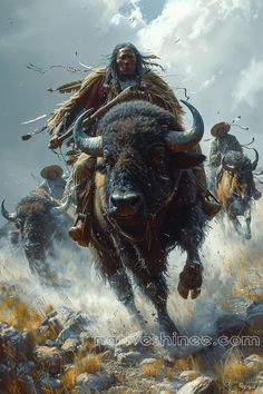 a man riding on the back of a buffalo in front of other bisons with long horns