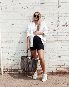 Biker Short Look, Bump Friendly Look, Styling the Bump, Casual Bump Style, Dressing the Bump | Linen Button-up, Biker Shorts, Dad Sneakers | Click to Shop! #LTKbump Biker Shorts Button Down, Button Up And Biker Shorts, Biker Shorts Pregnancy Outfits, White Polo Outfit Women Long Sleeve, White Polo Outfit Women, White Polo Outfit, Bump Fits, Dressing The Bump