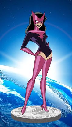 a cartoon character standing on top of a white pedestal in front of a blue planet