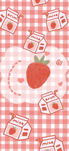 an image of strawberrys and milk on a checkered tablecloth with the words milk