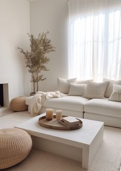 a living room filled with furniture and a fire place in front of a large window