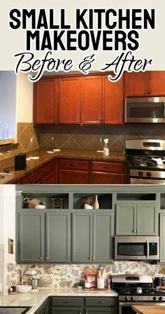 the before and after pictures of a kitchen remodel with green cabinets, white countertops, and stainless steel appliances