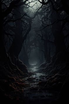 a dark forest filled with lots of trees next to a river under a full moon