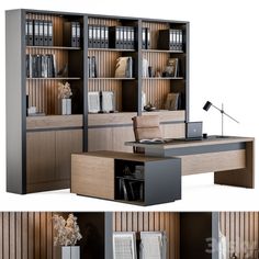 an office desk with bookshelves and cabinets in the same color as wood paneling