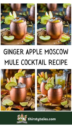 the recipe for ginger apple moscow mule cocktail is shown in three different pictures, including apples and