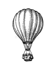 a hot air balloon flying in the sky, vintage line drawing or engraving style illustration