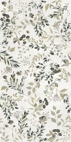 a white and green floral wallpaper with leaves on the back drop in shades of grey