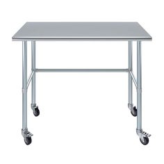 a metal table with wheels on the bottom and one foot resting on it's side