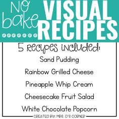 a poster with the words no bake visual recipes written in blue and white on it