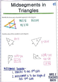 a piece of paper with two triangles and one side missing the word, midsegments in triangles