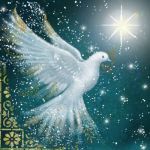 a white dove flying through the night sky with stars in the background and snow flakes on the ground