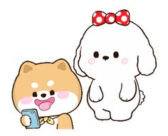 an animal with a bow on its head next to a dog holding a cell phone