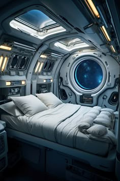 the interior of a space ship with a bed and window on each side is lit by lights