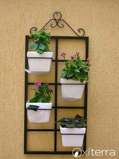 four potted plants are hanging from a metal frame on the side of a building