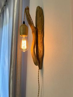 a light that is on the wall next to a lamp shade and some kind of tree branch