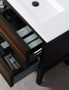 a bathroom sink with drawers underneath it