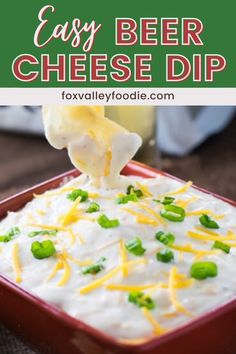 easy beer cheese dip recipe in a red dish with green peppers and cheese on top