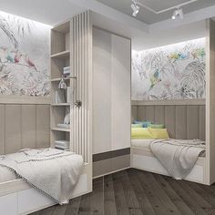 a bedroom with two beds and shelves in it