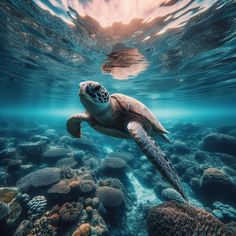 a turtle swimming in the ocean with its head above the water