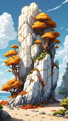 an artistic painting of a rock formation with trees growing out of it