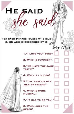 a wedding checklist with the words he said she said